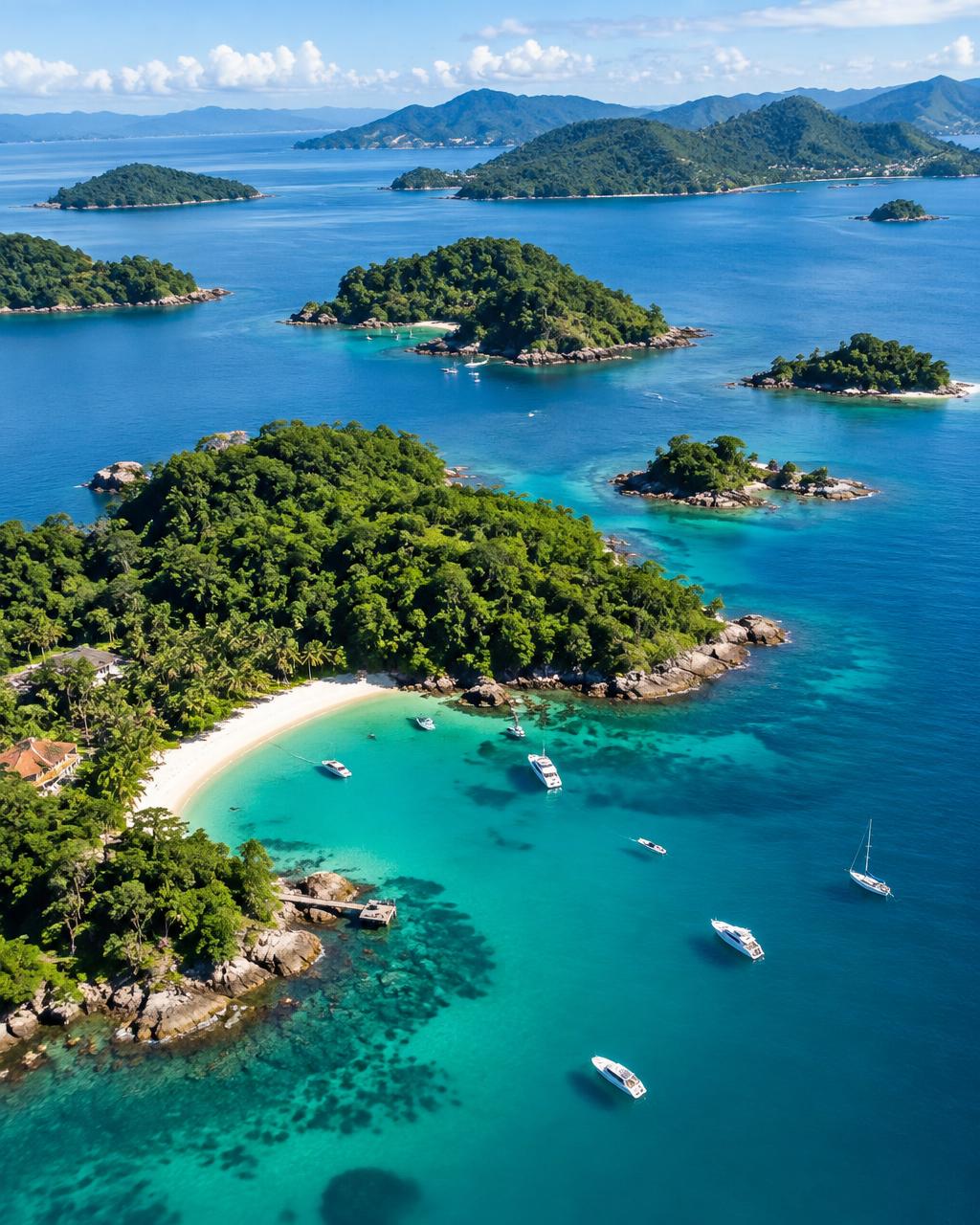 Vista aérea de ilhas verdes e águas turquesa na baía de Angra