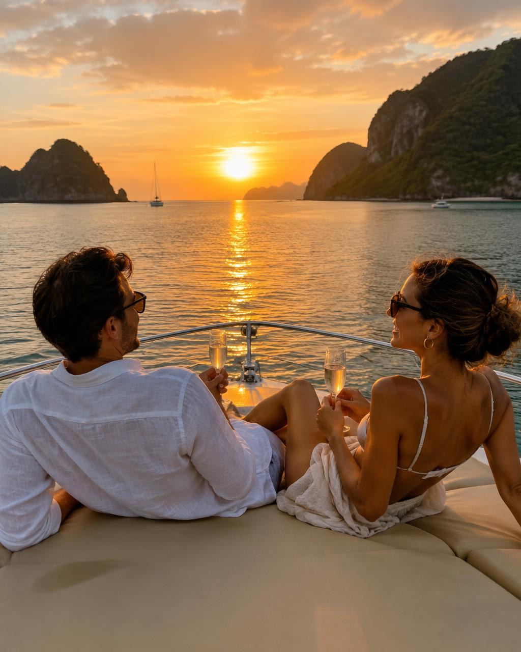 Casal brindando na proa de uma embarcação ao pôr do sol